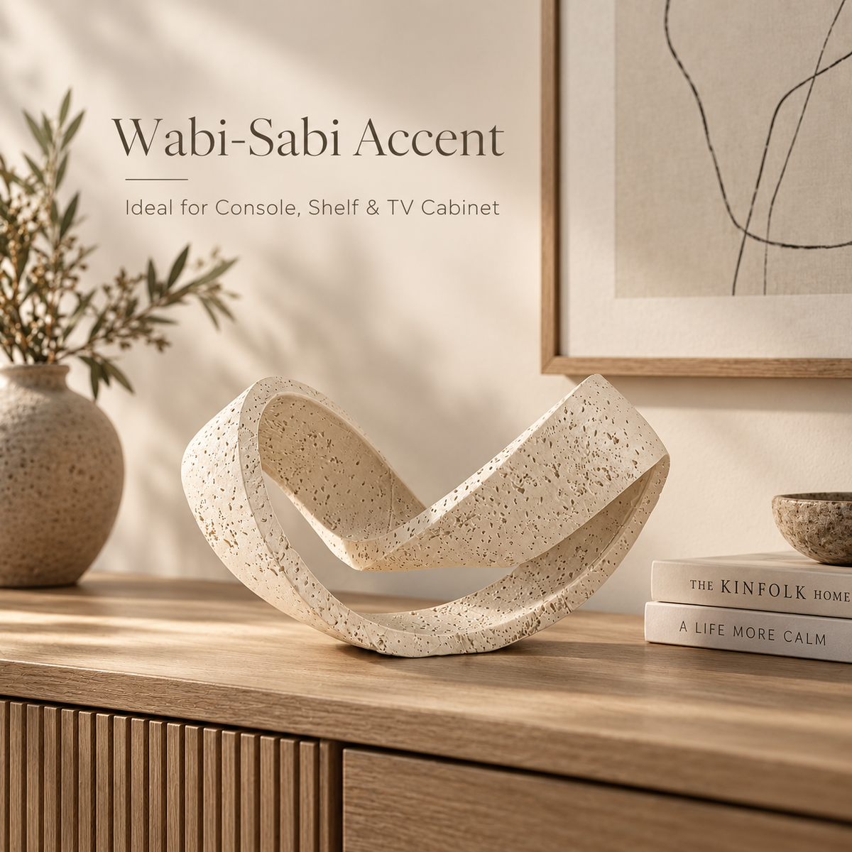 Travertine-Inspired Abstract Loop Sculpture – Beige & Black