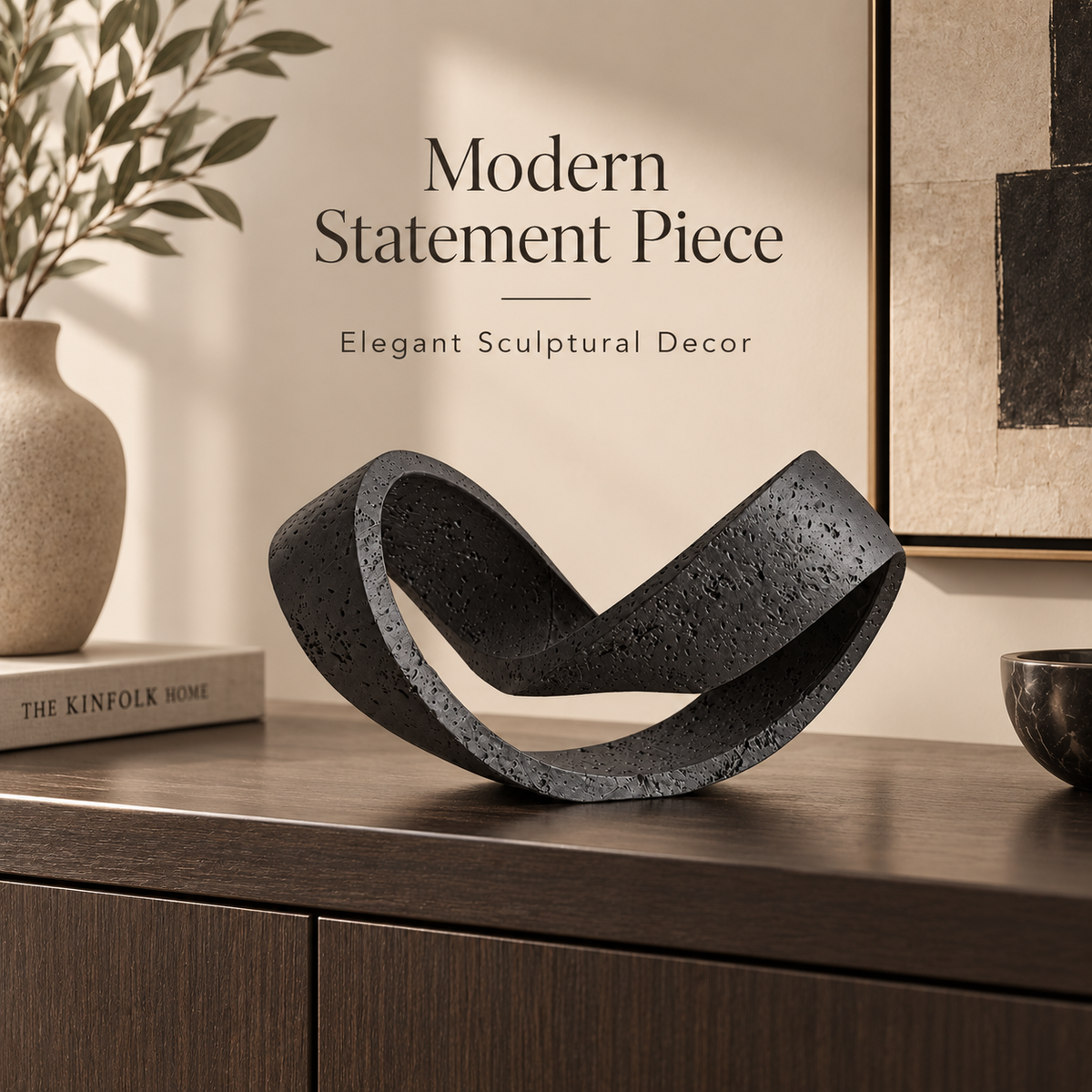 Travertine-Inspired Abstract Loop Sculpture – Beige & Black